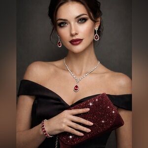 Elegant Red and Silver Jewelry Set With Clutch Bag